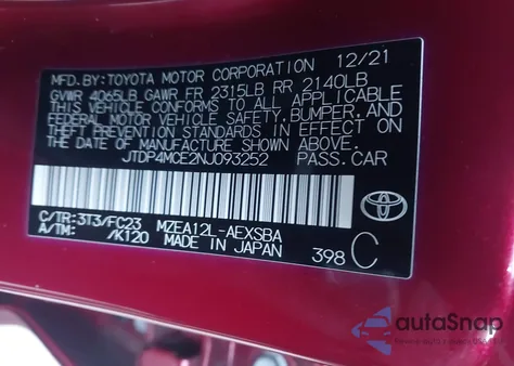 2022 Toyota Corolla Se z USA, uszkodzony, nr VIN JTDP4MCE2NJ093252